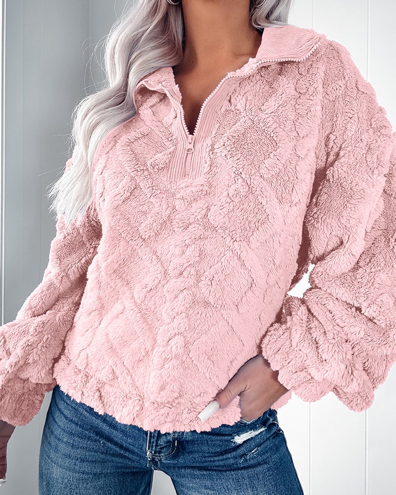 Sherpa Hoodie Fleece - Damen Sherpa-Fleece Pullover mit halbem Reißverschluss,