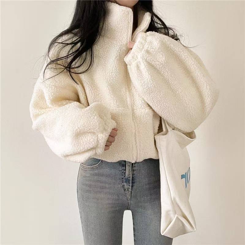 Sherpa Hoodie Fleece - Damen Stehkragen Cropped Zip-Up Hoodie Jacke,